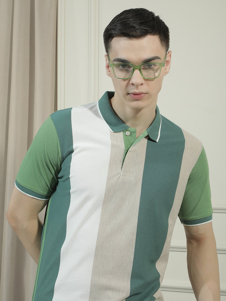cobb green striped polo neck t-shirt