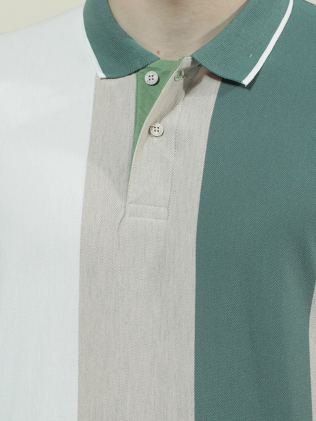 COBB GREEN STRIPED POLO NECK T-SHIRT
