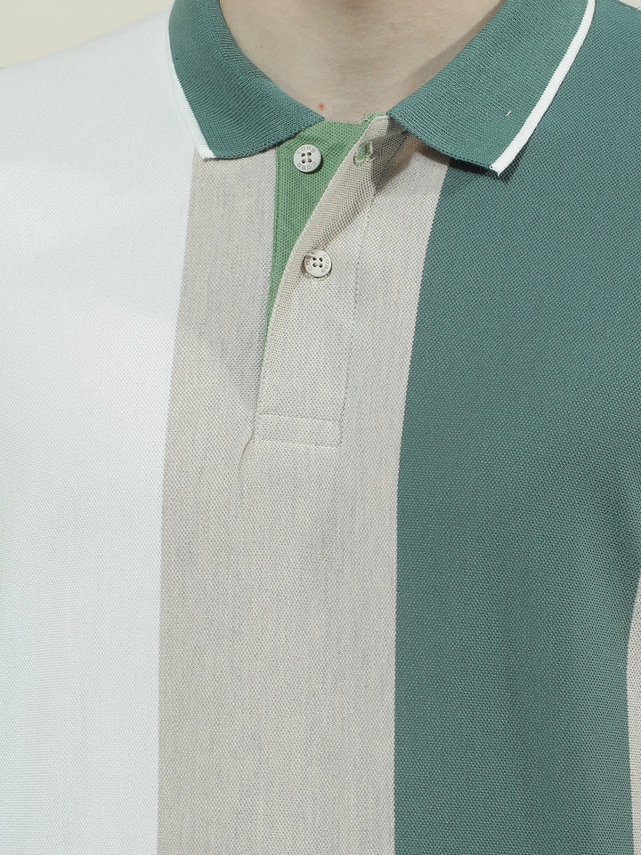 COBB GREEN STRIPED POLO NECK T-SHIRT