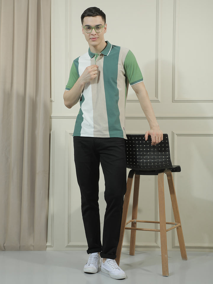 COBB GREEN STRIPED POLO NECK T-SHIRT