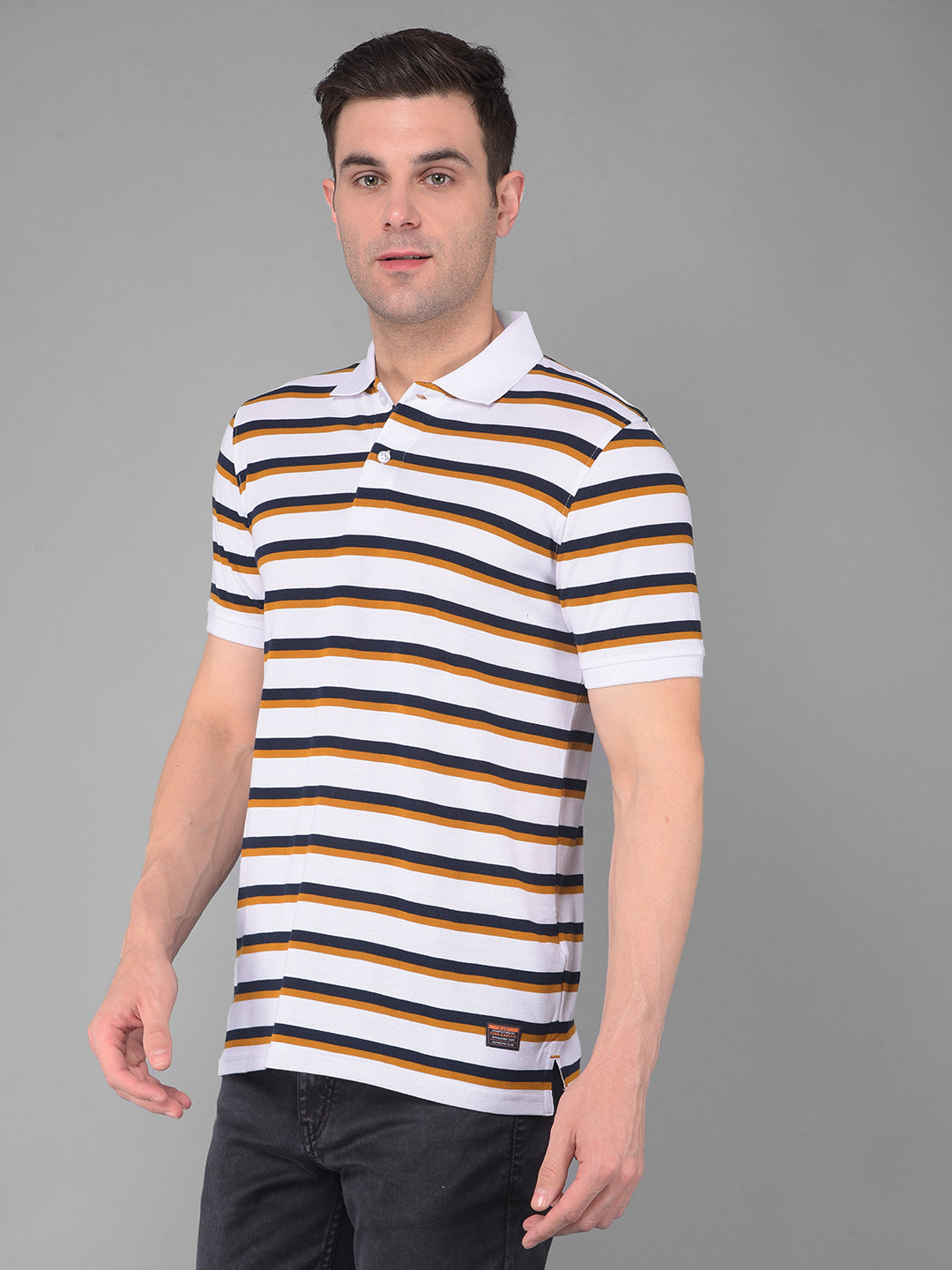 cobb white navy brown striped polo neck t-shirt