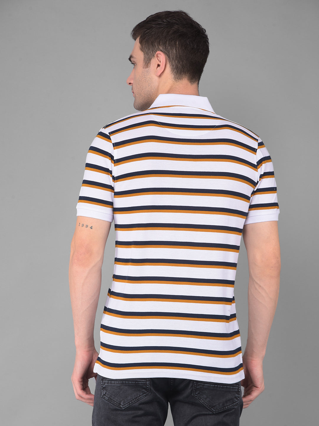 cobb white navy brown striped polo neck t-shirt