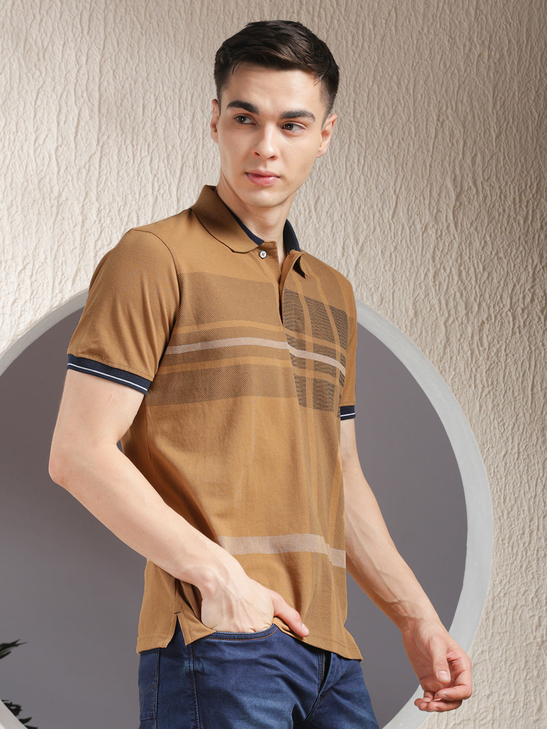 COBB TAN STRIPED POLO NECK T-SHIRT