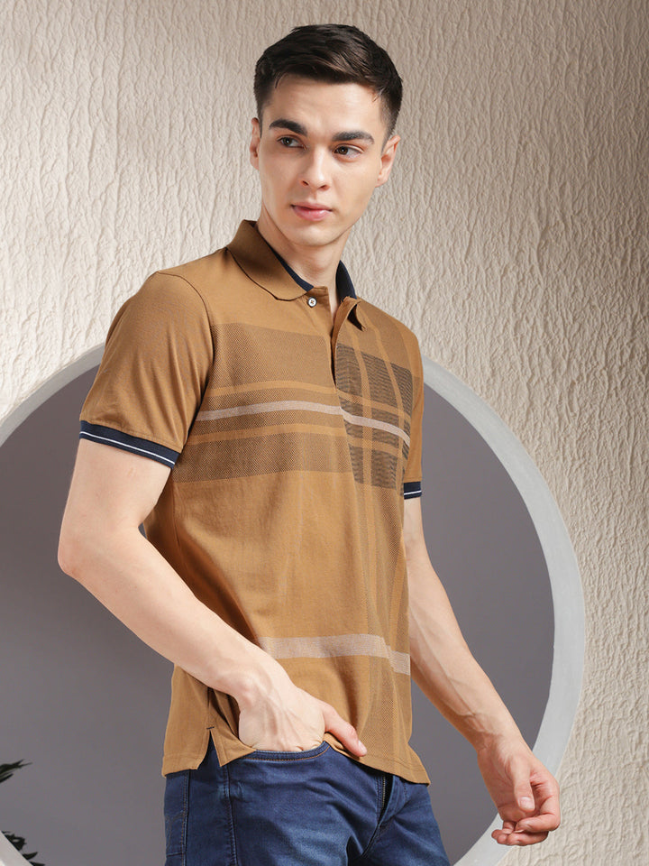 COBB TAN STRIPED POLO NECK T-SHIRT