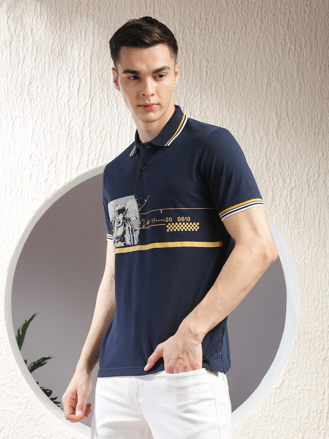 cobb navy blue printed polo neck t-shirt