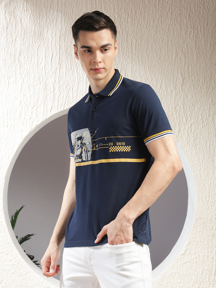 cobb navy blue printed polo neck t-shirt