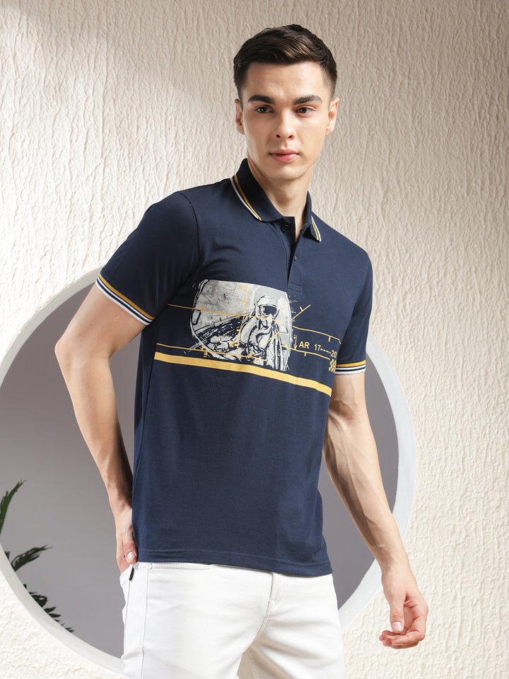 COBB NAVY BLUE PRINTED POLO NECK T-SHIRT