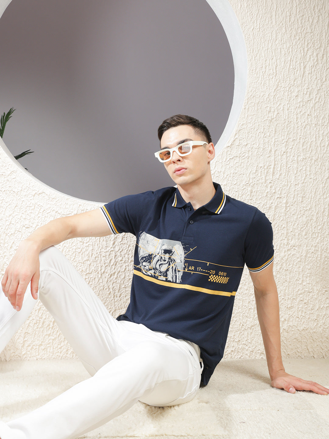 COBB NAVY BLUE PRINTED POLO NECK T-SHIRT