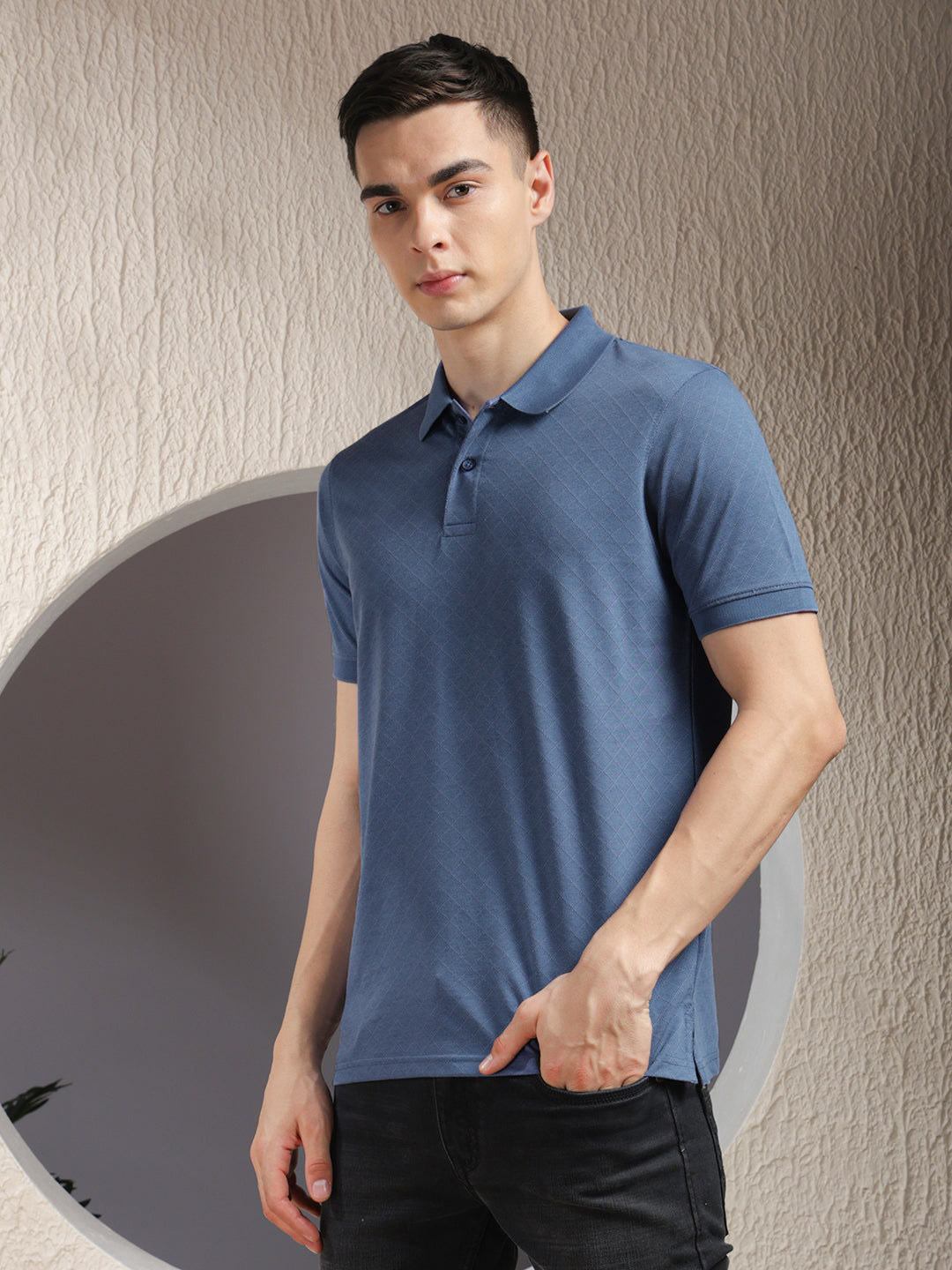 COBB BLUE SELF-DESIGN POLO NECK T-SHIRT