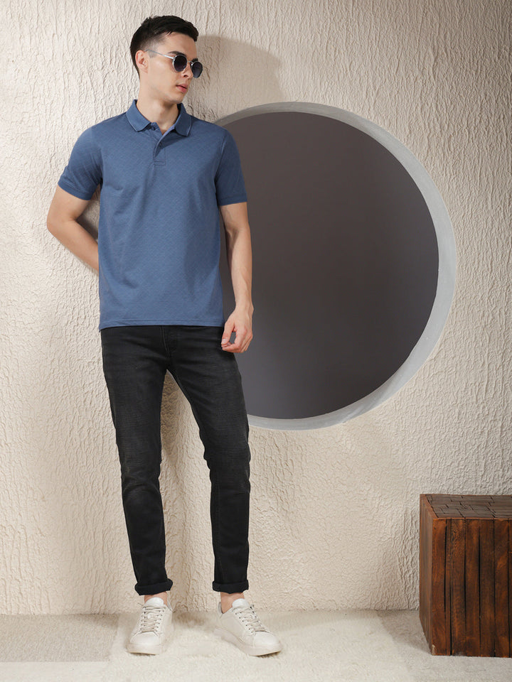COBB BLUE SELF-DESIGN POLO NECK T-SHIRT
