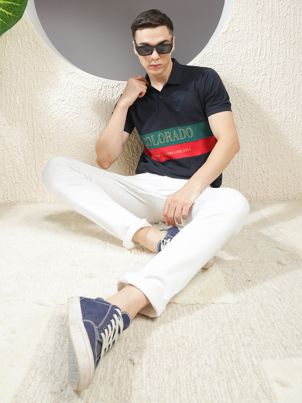 cobb navy blue color-block polo neck t-shirt