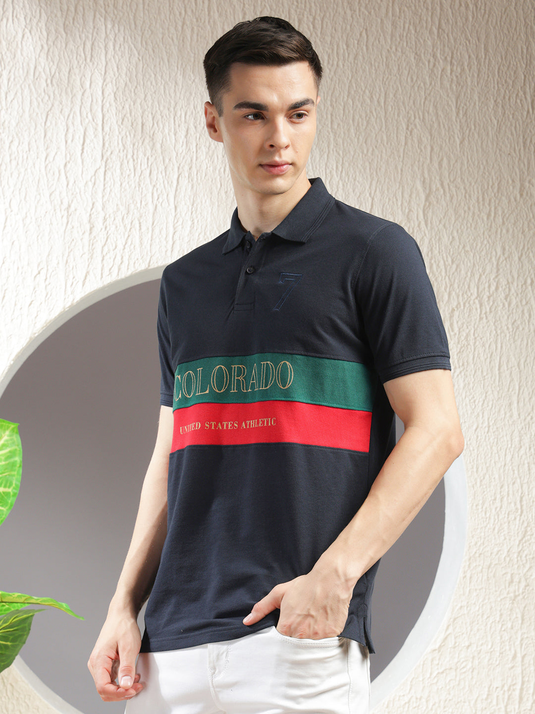 COBB NAVY BLUE COLOR-BLOCK POLO NECK T-SHIRT