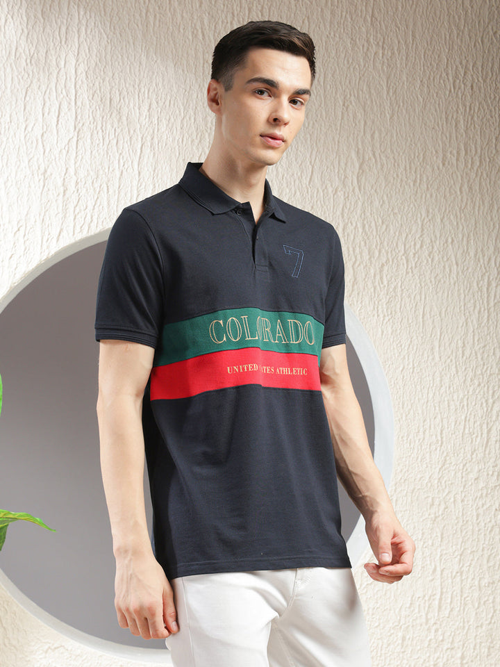 COBB NAVY BLUE COLOR-BLOCK POLO NECK T-SHIRT