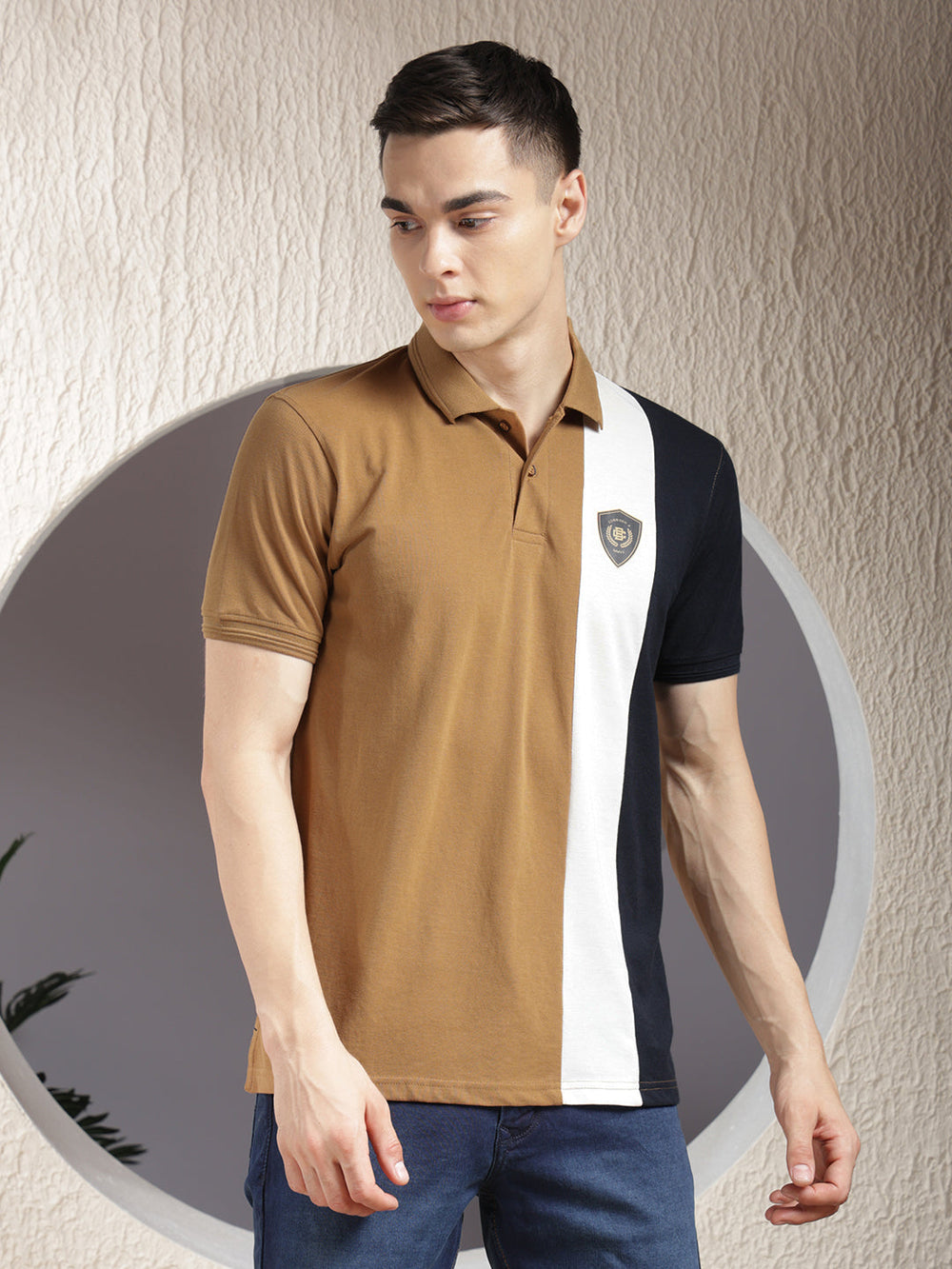 cobb tan color-block polo neck t-shirt