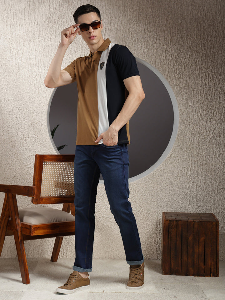 COBB TAN COLOR-BLOCK POLO NECK T-SHIRT
