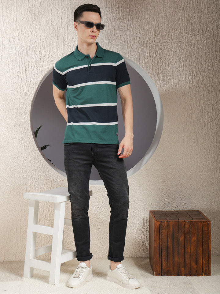 COBB GREEN COLOR-BLOCK POLO NECK T-SHIRT