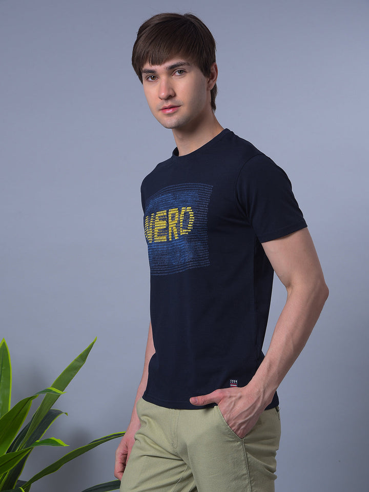 COBB NAVY BLUE PRINTED ROUND NECK T-SHIRT