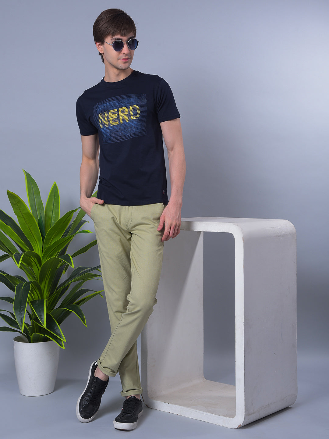 COBB NAVY BLUE PRINTED ROUND NECK T-SHIRT