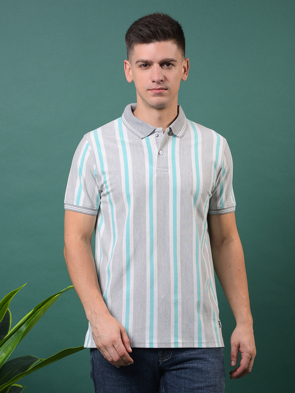 cobb light grey striped polo neck t-shirt