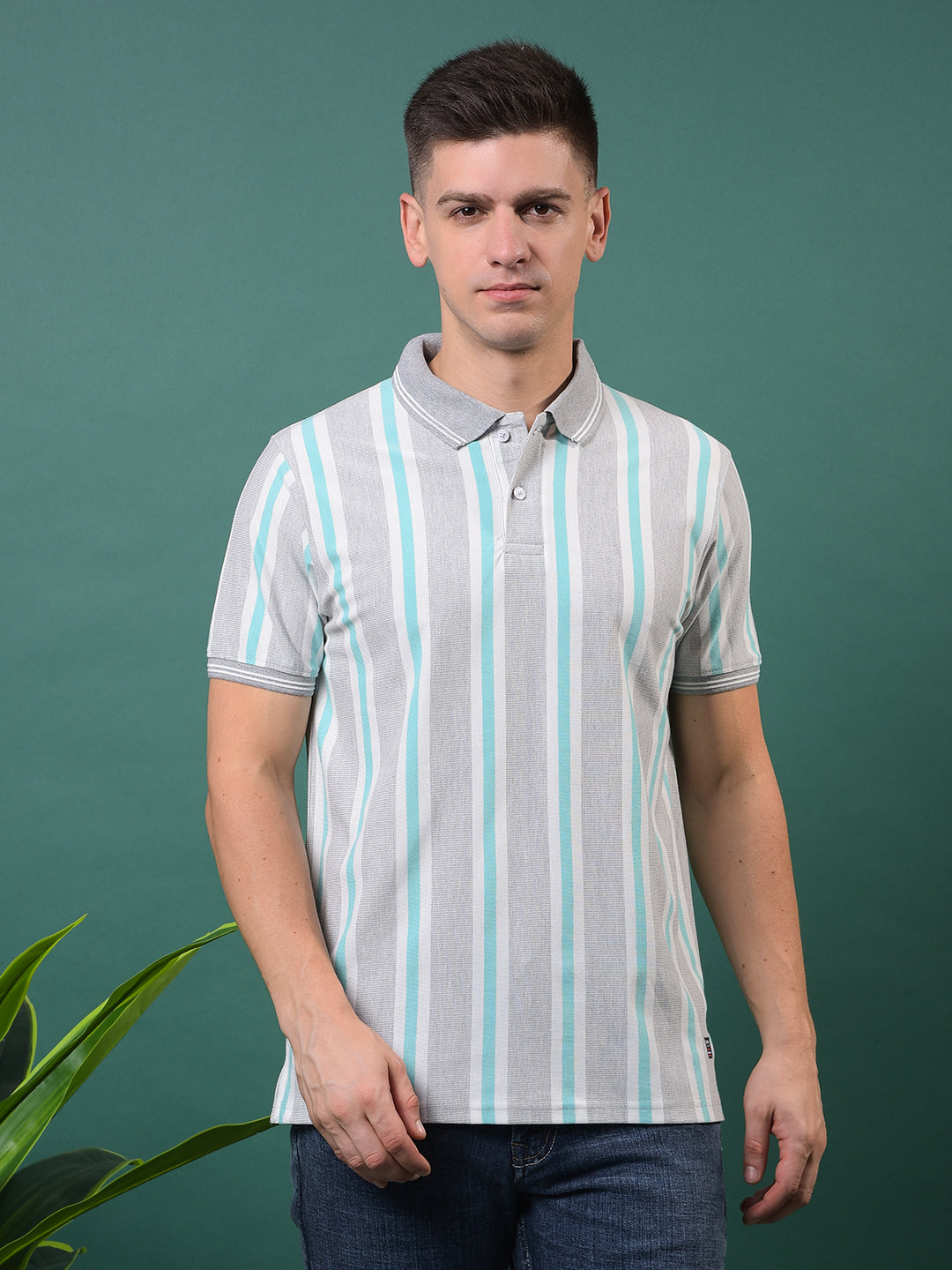 cobb light grey striped polo neck t-shirt