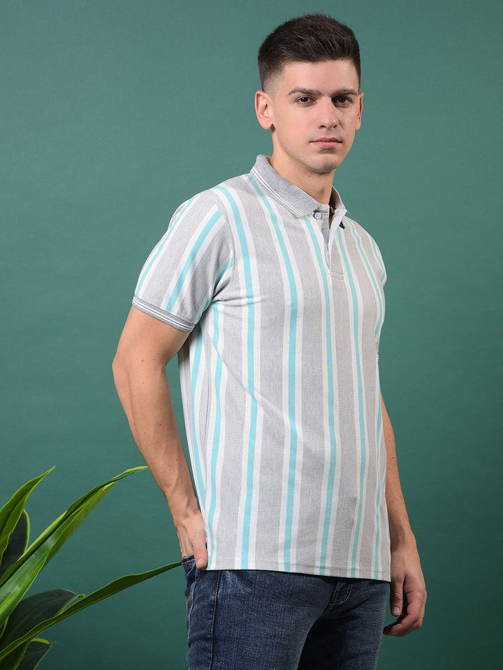 COBB LIGHT GREY STRIPED POLO NECK T-SHIRT