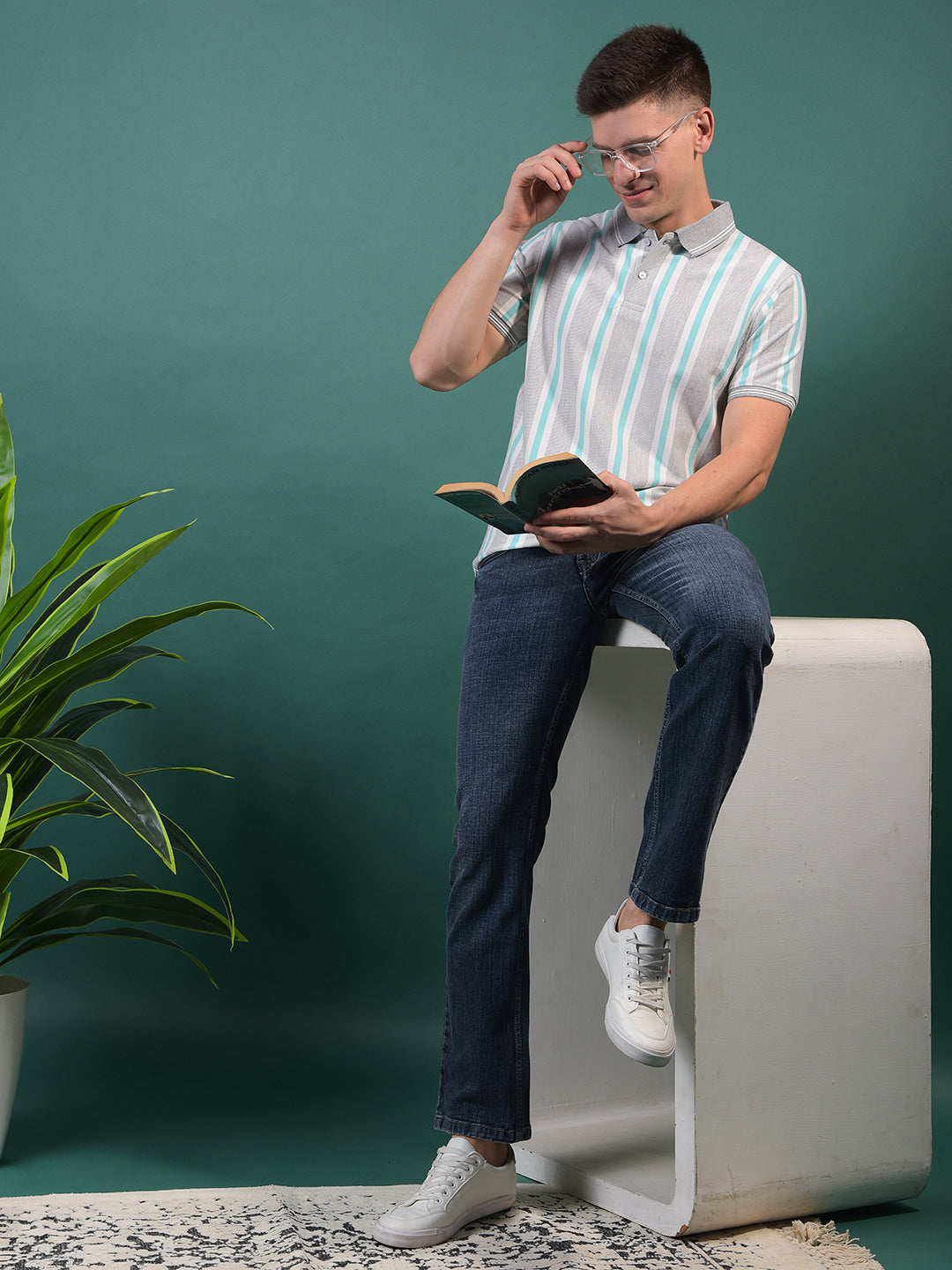 COBB LIGHT GREY STRIPED POLO NECK T-SHIRT