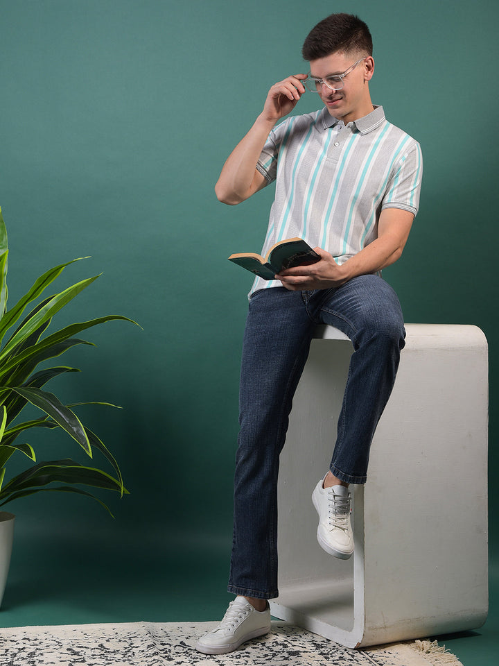 COBB LIGHT GREY STRIPED POLO NECK T-SHIRT