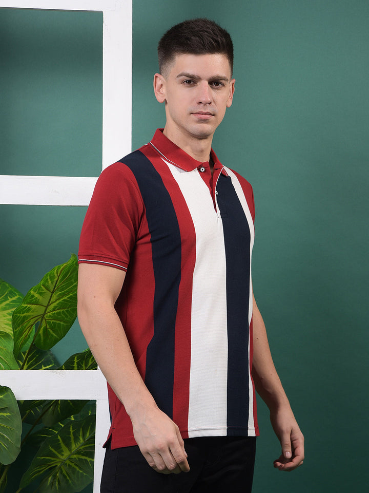 COBB RED STRIPED POLO NECK T-SHIRT