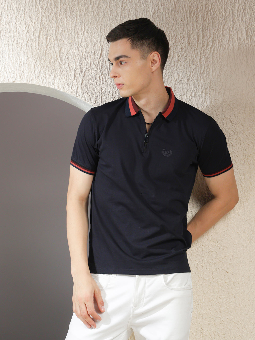 cobb solid navy blue polo neck zipper t-shirt