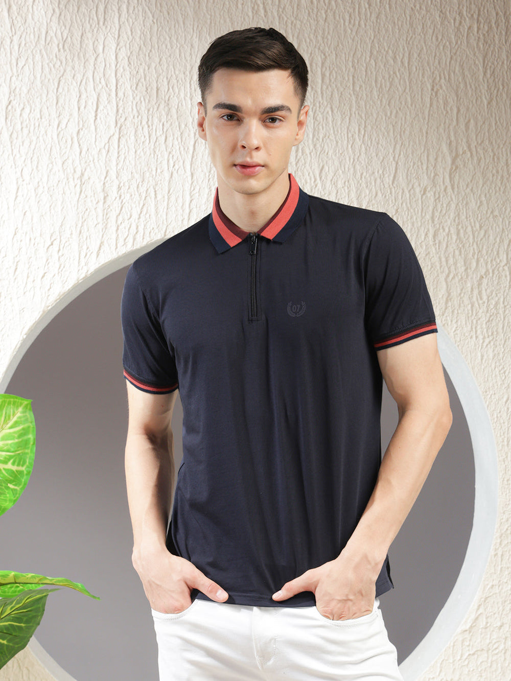 cobb solid navy blue polo neck zipper t-shirt