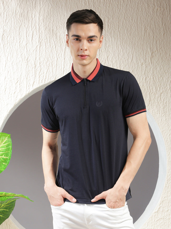 cobb solid navy blue polo neck zipper t-shirt
