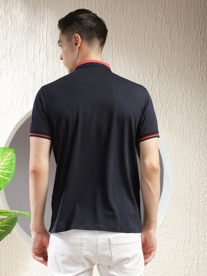 cobb solid navy blue polo neck zipper t-shirt