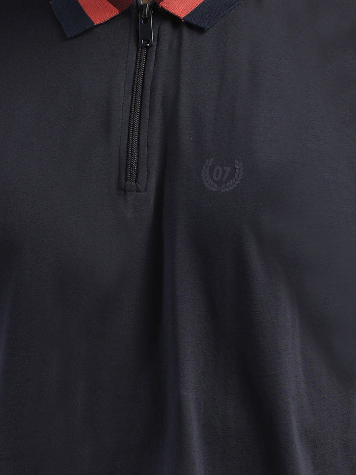 cobb solid navy blue polo neck zipper t-shirt