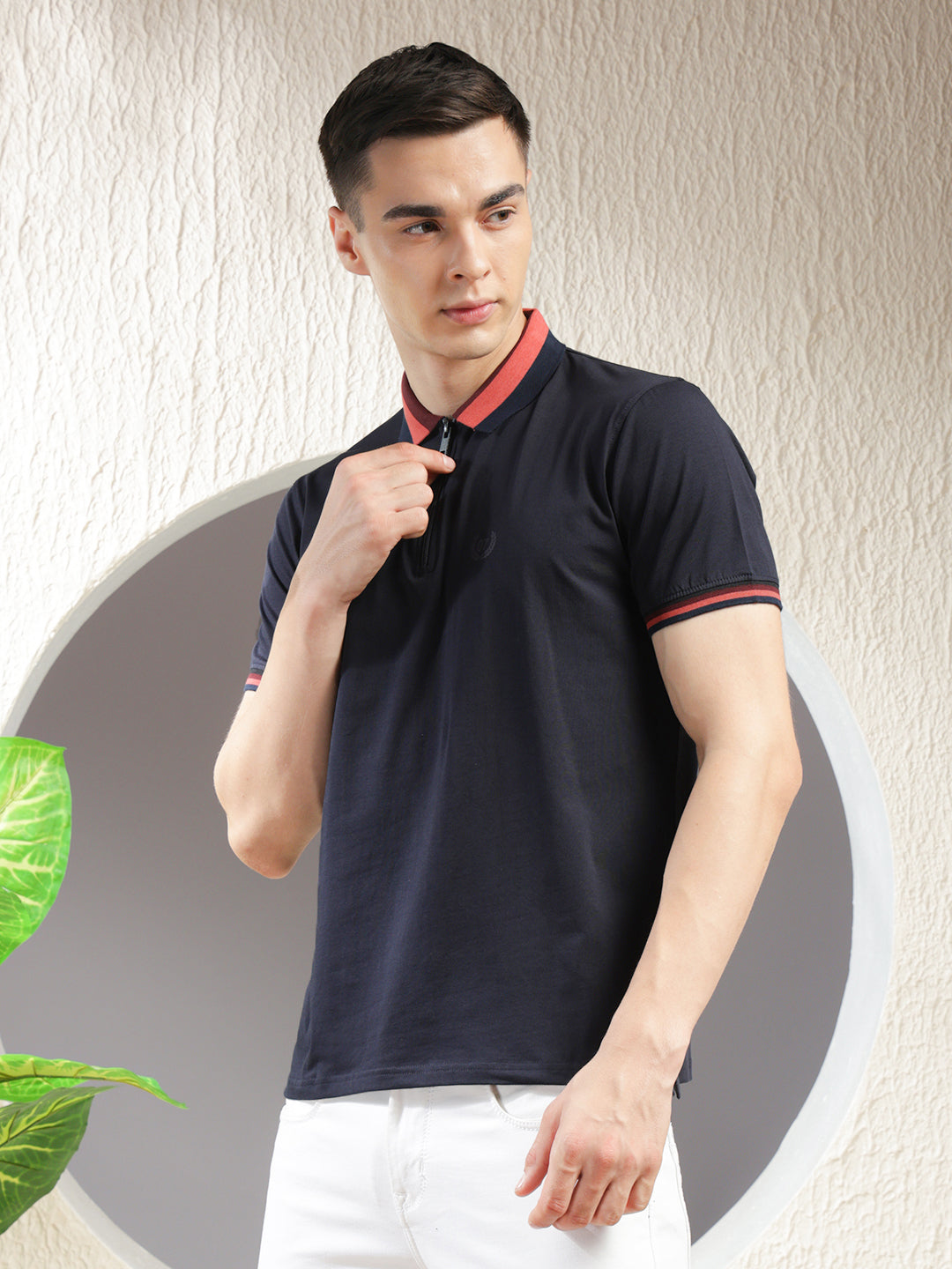COBB SOLID NAVY BLUE POLO NECK ZIPPER T-SHIRT