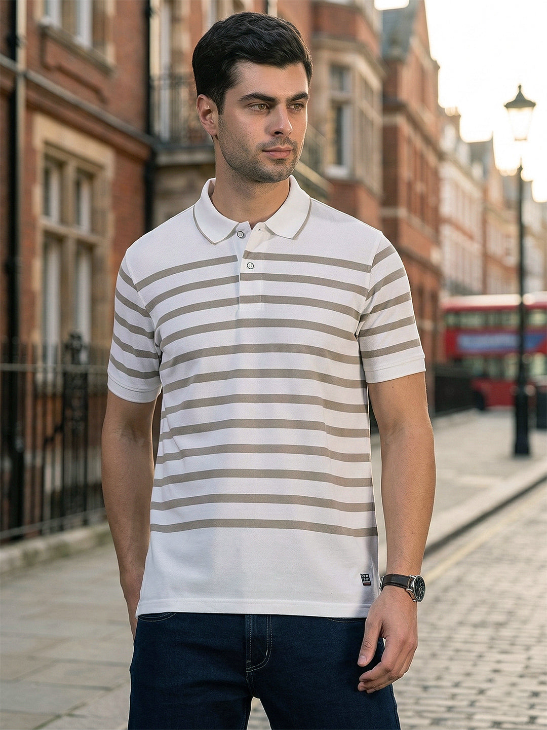 cobb white striped polo neck t-shirt