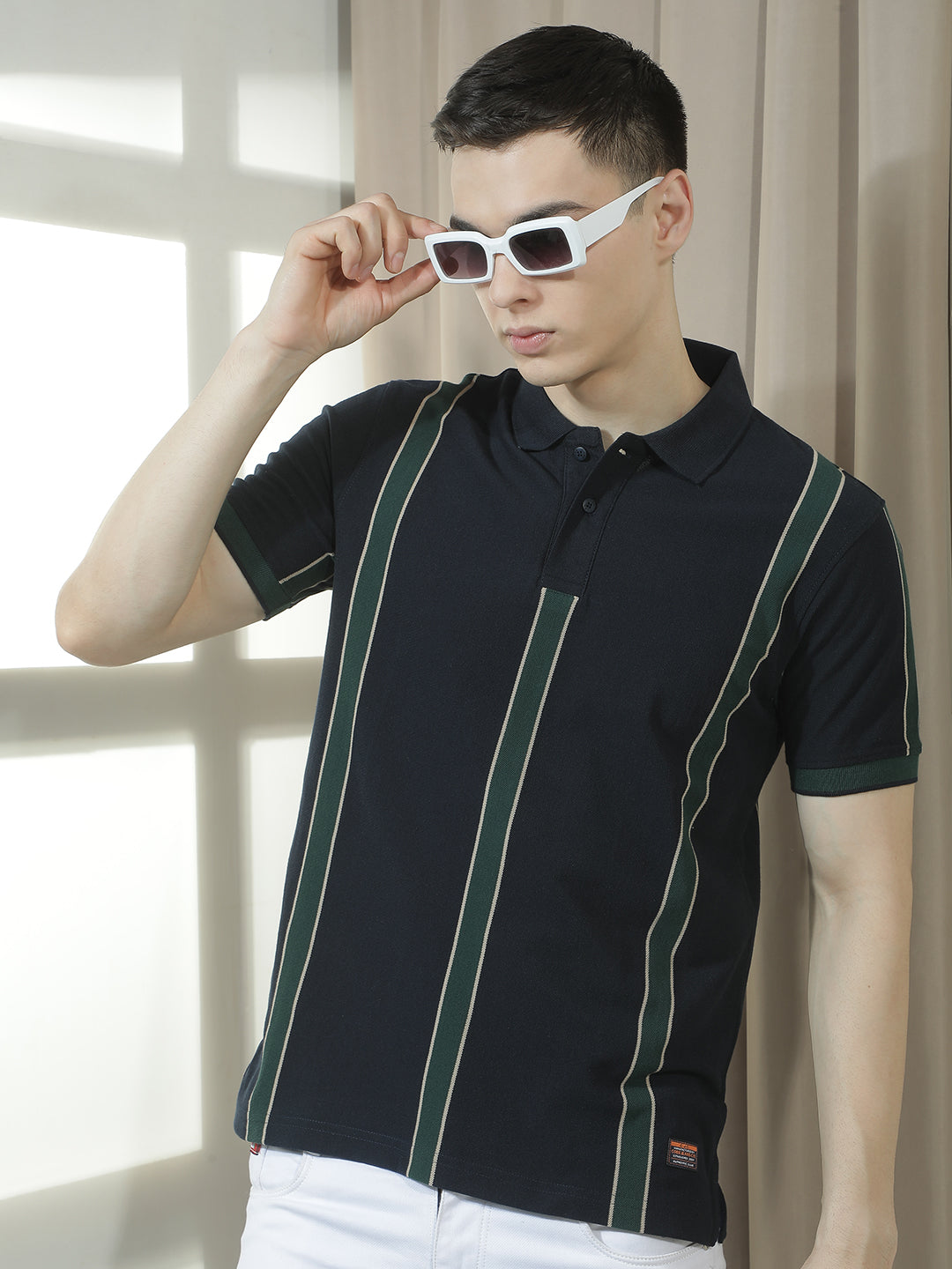 cobb navy blue striped polo neck t-shirt