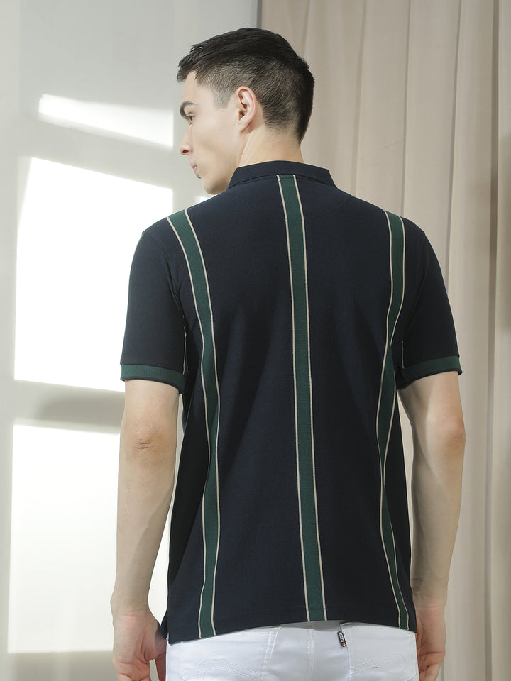 cobb navy blue striped polo neck t-shirt