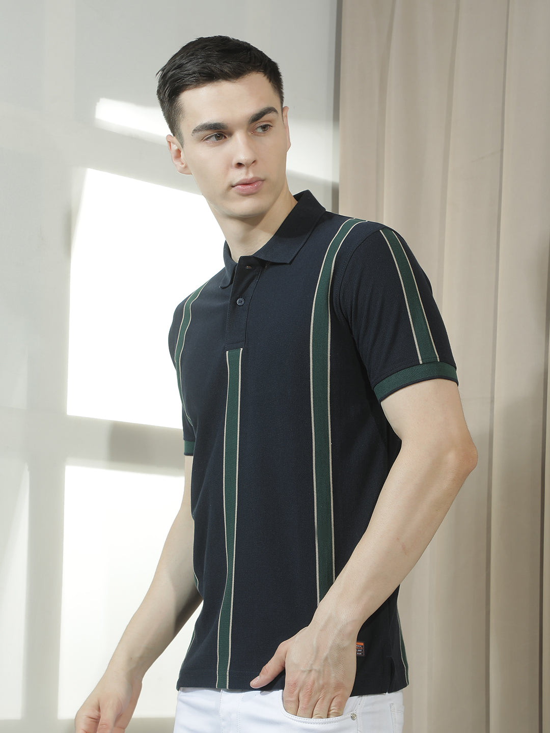cobb navy blue striped polo neck t-shirt