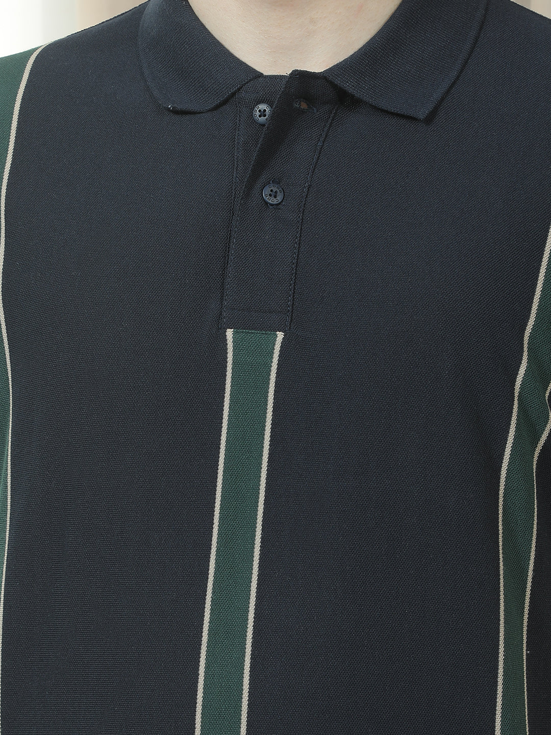 COBB NAVY BLUE STRIPED POLO NECK T-SHIRT