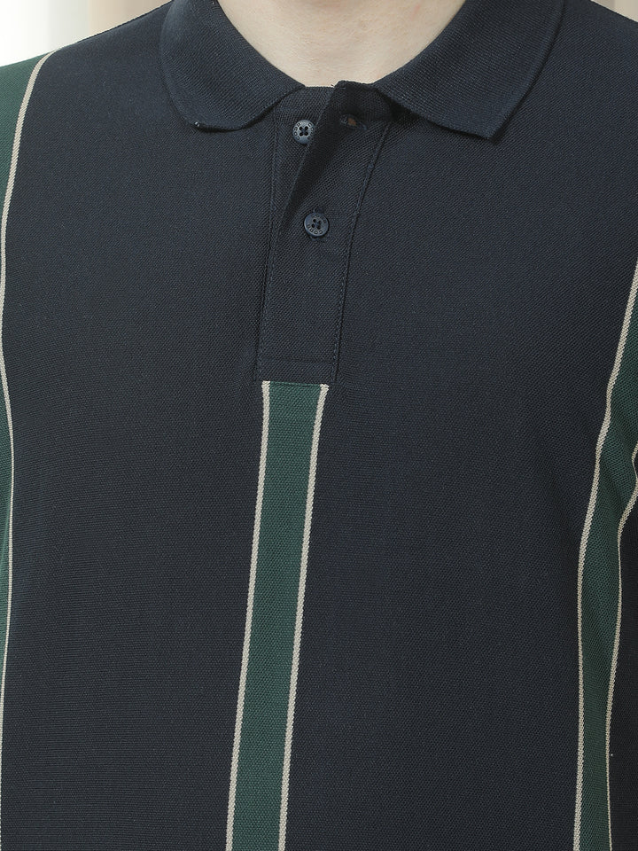 COBB NAVY BLUE STRIPED POLO NECK T-SHIRT