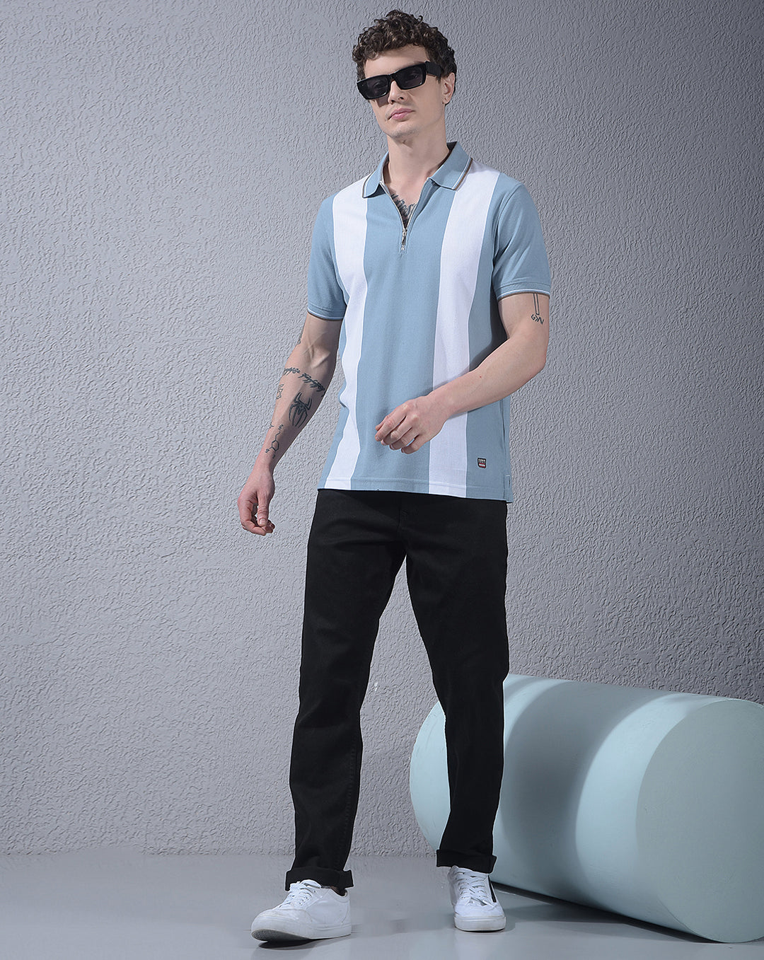 COBB SKY BLUE STRIPED POLO NECK T-SHIRT