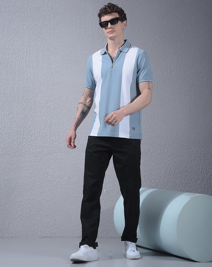COBB SKY BLUE STRIPED POLO NECK T-SHIRT