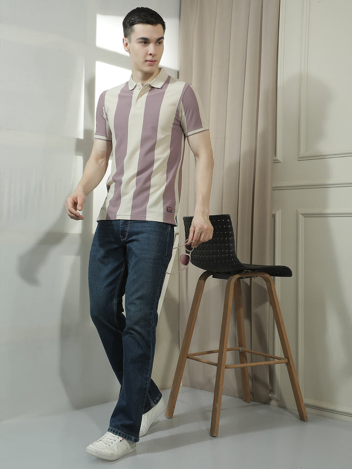 COBB PURPLE STRIPED POLO NECK T-SHIRT