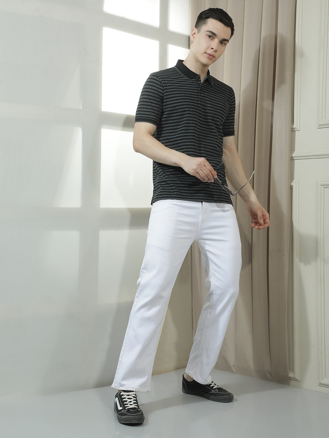 COBB BLACK STRIPED POLO NECK T-SHIRT