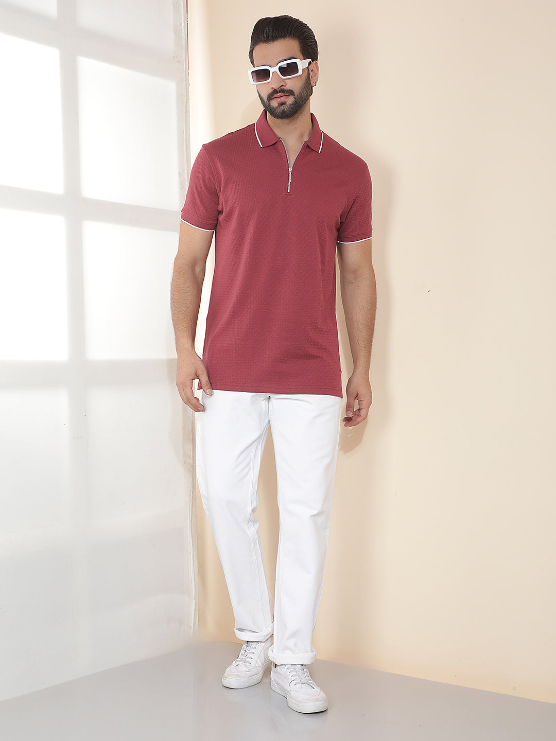 COBB MAROON SOLID POLO NECK T-SHIRT