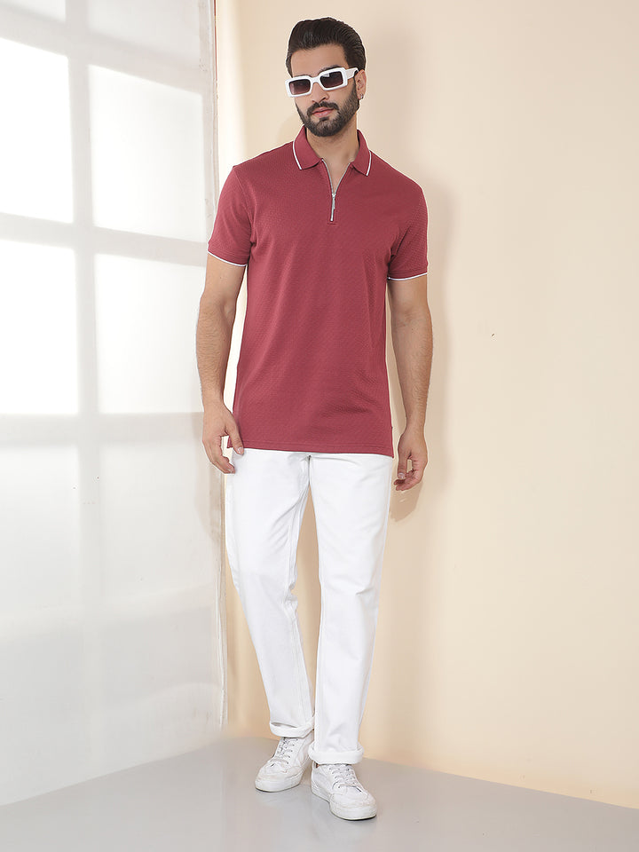 COBB MAROON SOLID POLO NECK T-SHIRT