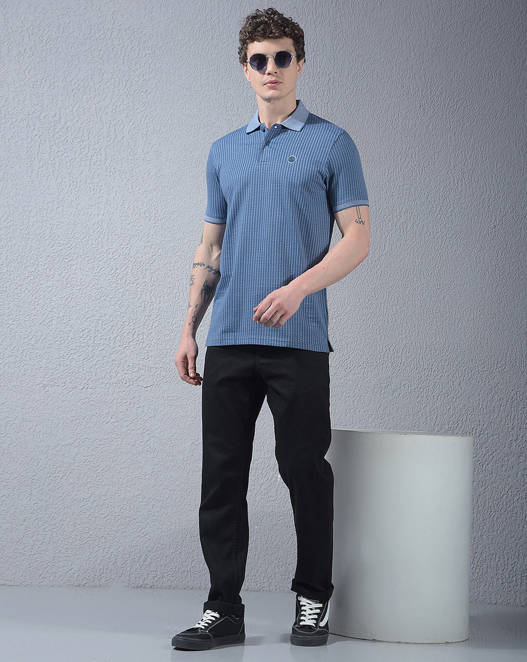 COBB BLUE STRIPED POLO NECK T-SHIRT
