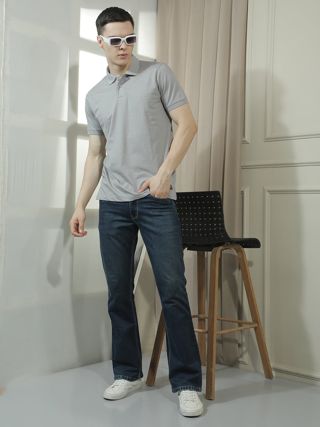COBB GREY SOLID POLO NECK T-SHIRT
