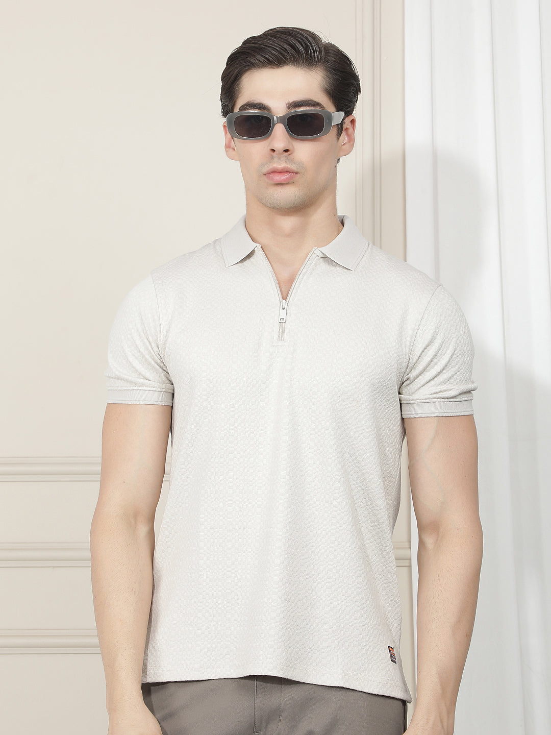 light beige self-design polo t-shirt