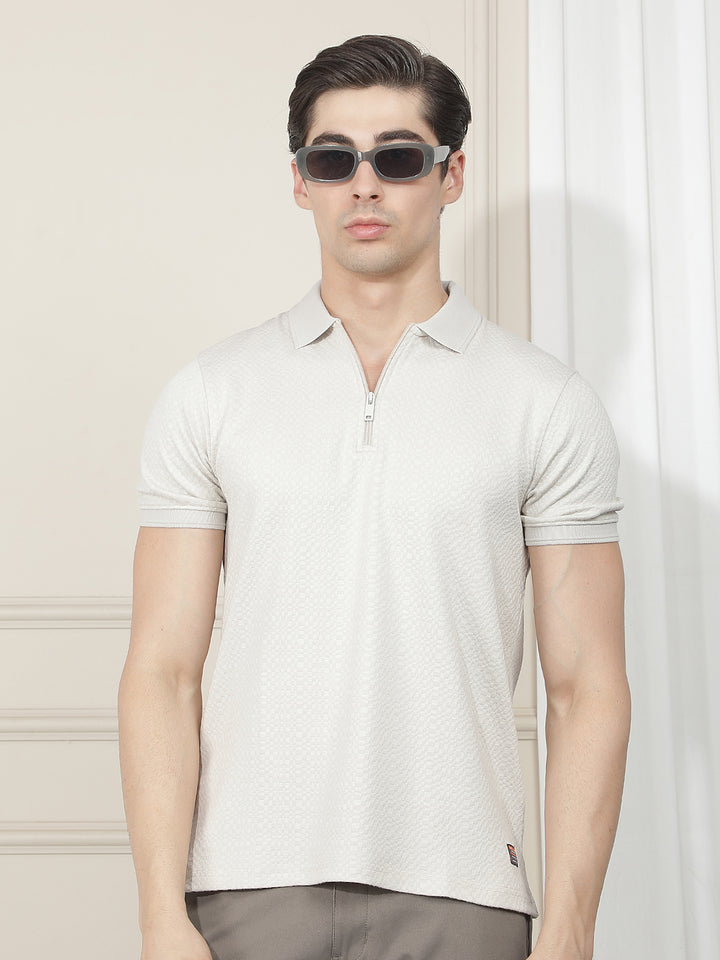 light beige self-design polo t-shirt